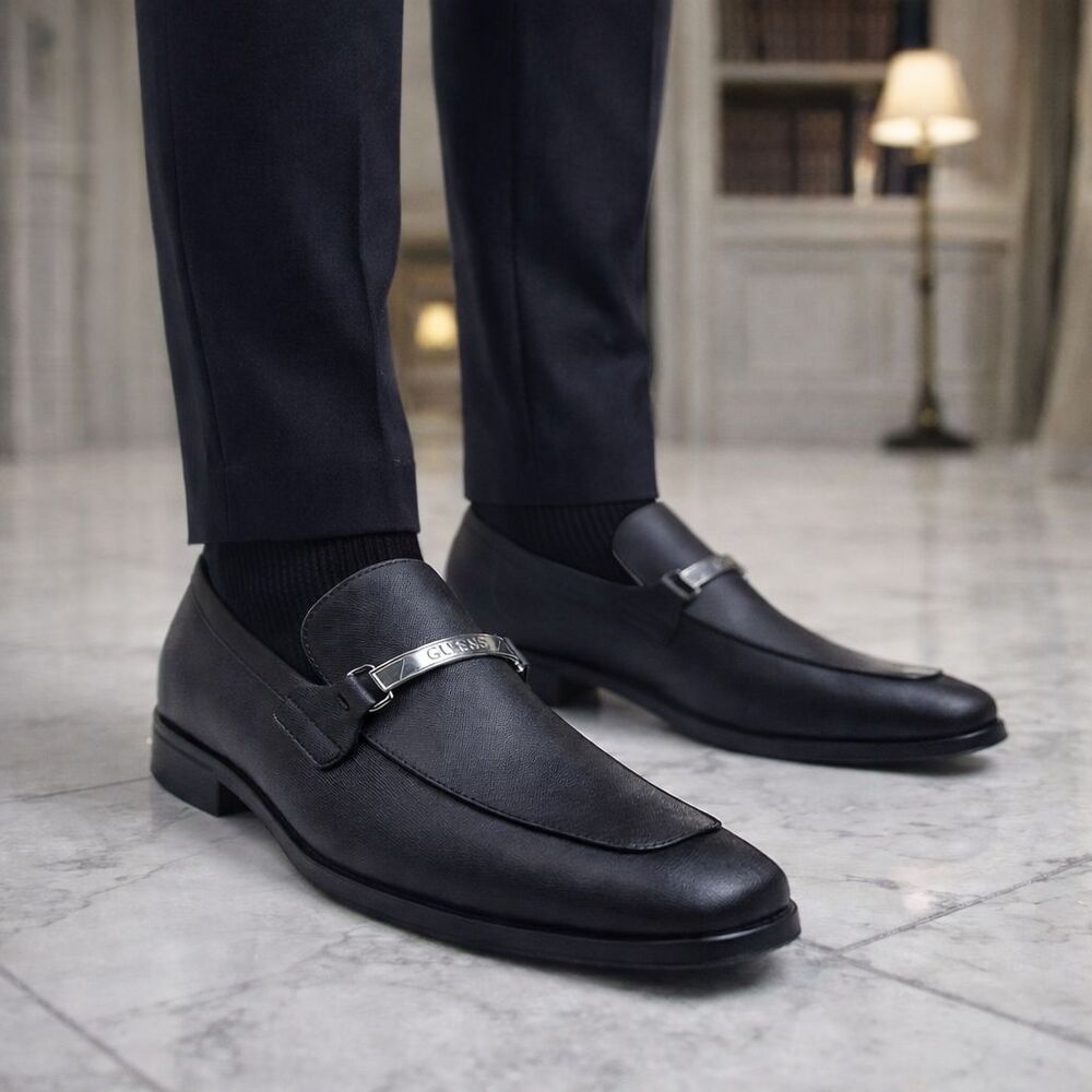 Guess Dress Loafers Shoes Mens Size 9 Black Oxford Slip On Formal Logo